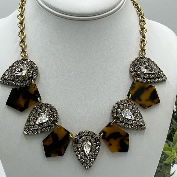 Crew Necklace Rhinestone TeardropClusters And Tortoise Shell